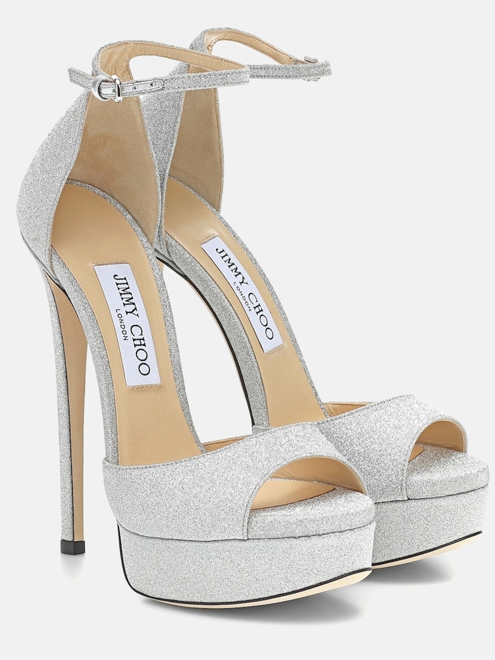 Jimmy Choo Silver Glitter Ankle-Strap Platform Sandals
